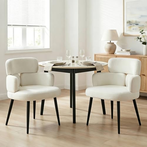 Accent Dining Chair with Arms,Set of 2 Modern Upholstered Side Chair with Soft Fabric Black Metal Legs, Comfy Spacious Seat & Back for Dining Room/Living Room/Bedroom, Beige - color: Beige, size: Set of 2