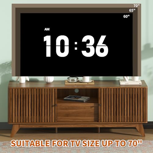 63" TV Stand, Media Console for TVs up to 70", Walnut | Mid-Century Modern Design, Fluted Sliding Doors, Storage Cabinets, Cable Management, Media Console for Living Room, Bedroom