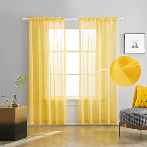 Butter Yellow Sheer Curtains 95 Inches Long 2 Panels Semi Faux Linen Yellow Sheer Curtain for Bedroom Living Room Girls Kids Room 2 Panels 52x95 - color: Butter Yellow, size: 52"W x 95"L (Pack of 2)