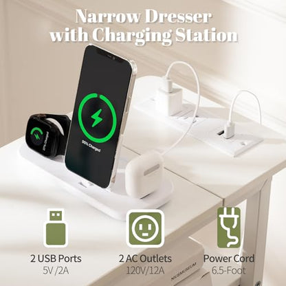 Yoobure LED Narrow Nightstand with Charging Station - Slim Dresser for Bedroom Narrow Side Table Storage Cabinet, Small Dressers Chest of Drawers, Tall Night Stand End Table for Small Spaces, White - color: White