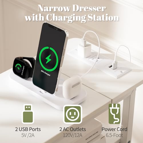 Yoobure Narrow Nightstand with Charging Station, LED Tall Narrow Side Table | Sturdy White Nightstand, Tall Space-Saving Dresser, Skinny Storage Drawers & Cabinet, Designed for Bedroom Dorm Small Spaces - color: White