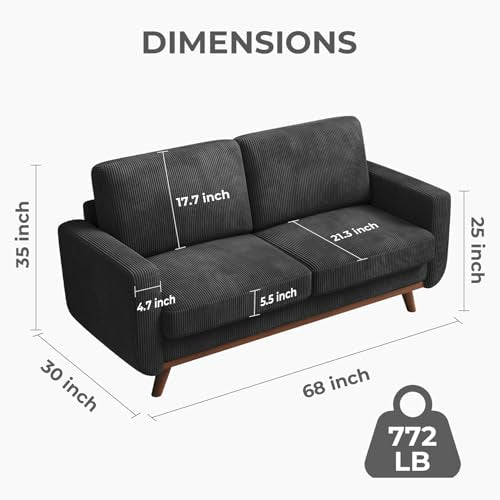 Vesgantti 68" Loveseat Sofa Black, Comfy Corduroy Couch with Spring Cushion and Solid Wood, Modern Extra Deep Seat for Bedroom, Living Room, Office - color: Black + Walnut Wood
