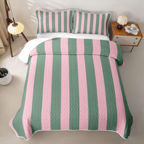 Minimalist Stripe Quilted Bedspread Full Size,Geometric Line Art Patchwork Quilt Bedding Set 3 Pieces,Moroccan Y2K Retro Boho Bed Covers for All Season,Pink Green Quilted Coverlet,2 Pillowcases - color: Pink Green, size: Full