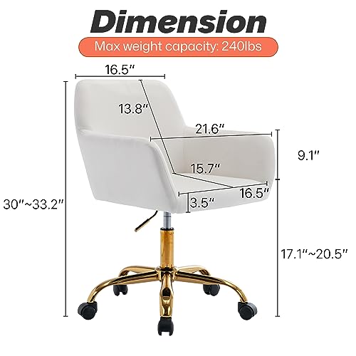 Velvet Makeup Vanity Chair,Home Office Desk Chair with Wheels, White | Fluffy Swivel Modern Armchair Upholstered Fuzzy Height Adjustable for Teens Women Girls Elegant for Living Room Bedroom - color: White+velvet
