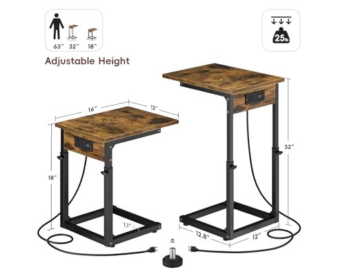 C Shaped End Table with Charging Station, 33"Tall Side Table for Couch, C-Table End Table Adjustable Height Side Table,Slide Under Couch Table TV Tray Table for Sofa,Living Room,Bedroom,Brown - color: Rustic Brown, style: Charging Station