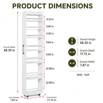 7-Shelf Tall Narrow Storage Cabinet with Wheels, 71 Inch, White | Slim Pull-Out Organizer, 7.87 Inch Wide for Small Spaces Between Washer/Dryer, Kitchen, Bathroom and Laundry Room - color: E-white