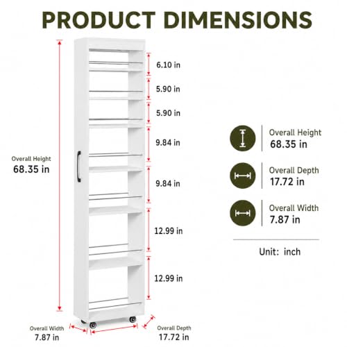7-Shelf Tall Narrow Storage Cabinet with Wheels, 71 Inch, White | Slim Pull-Out Organizer, 7.87 Inch Wide for Small Spaces Between Washer/Dryer, Kitchen, Bathroom and Laundry Room - color: E-white