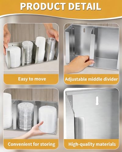 Stainless Steel Cup Dispenser,4 Compartments Cup Holder and Lid Holder with Adjustable Dividers,Cup Organizer for Kitchen Cabinets Cafe Shop Restaurant,Includes Straw Holder - size: 4 Compartments