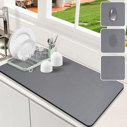 Dish Drying Mat for Kitchen Counter, 17x31.5 Pad with Rubber Backed (Grey) | Hide Stain Anti Absorbent for Kitchen Counter, Non-slip Drying Mat for Coffee Machine Dish Rack - size: 17" x 31.5"