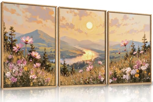LHIUEM Large Boho Sunset Wildflower Framed Canvas Wall Art -24"x36"x3 | Nature Pink Flower Wall Decor,Blossom Botanical Mountain Landscape Artwork for Living Room,Bedroom,Dining Room,Office - color: Boho Sunset Wildflower Wall Art, size: 36"L x 24"W
