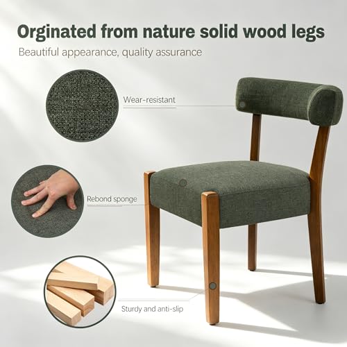 RNKSFX Upholstered Green Dining Chairs Set of 2, Walnut Wooden Kitchen & Dining Room Chairs, Mid Century Modern Fabric Farmhouse Dining Chairs Oversized Sturdy Rounded Chairs Curved Back - color: Green