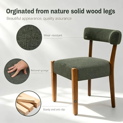 RNKSFX Upholstered Green Dining Chairs Set of 2, Walnut Wooden Kitchen & Dining Room Chairs, Mid Century Modern Fabric Farmhouse Dining Chairs Oversized Sturdy Rounded Chairs Curved Back - color: Green