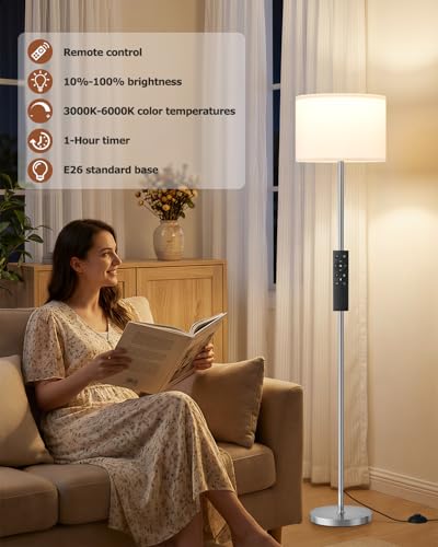 Dimmable Floor Lamp for Living Room with Remote, 9W 900LM LED Bulb Included, White Shade Silver Pole - color: silver & white