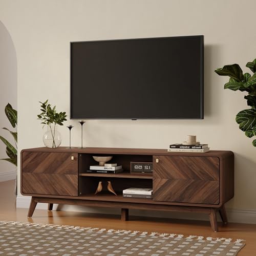 LuxenHome 63" Mid Century Modern TV Stand for Living Room for TVs up to 65" | Entertainment Center with Storage, Wood TV Console with Tapered Legs, Television Stands