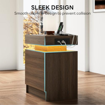 LIKIMIO Nightstand with Charging Station LED Light and 2 Drawers,Walnut | charging station; LED light; 2 smooth glide drawers; Walnut wood grain - color: Walnut