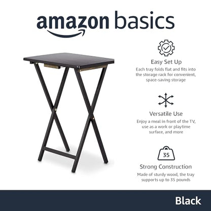 Amazon Basics Portable Foldable TV Tray Table with Storage Rack, Space-Saving Design, 15" x 19" x 26", Black, 4-Pack - color: Black