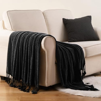 BATTILO HOME Black Chenille Throw Blanket, 50 x 60 Inches | Soft Chenille Knit with Handmade Fringe Tassels, Lightweight, Cozy and Less Prone to Tangling for Couch, Bed or Chair - color: Black