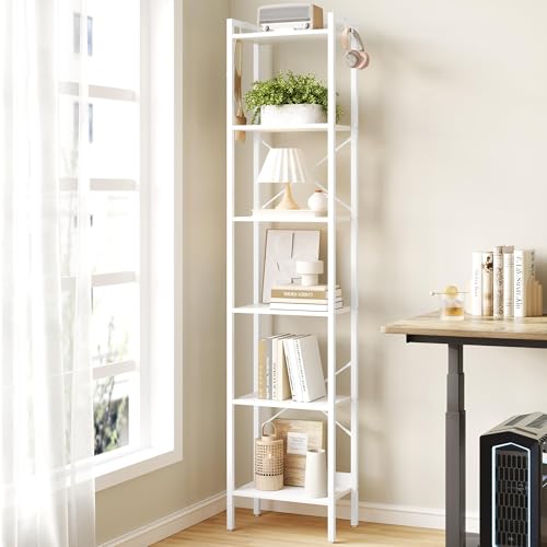 Hzuaneri Bookshelf, Book Shelf, Industrial Bookcase with 2 Hooks | Coner Shelf Storage Organizer for Home Office, Living Room, Bedroom, Kitchen, 6-Tier White BC10713W - color: White, size: 9.4"D x 15.4"W x 72.8"H