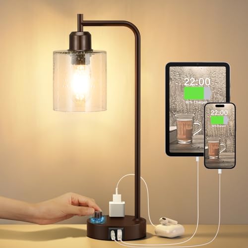 Innqoo Brown Industrial Bedside Table Lamp for Bedroom - Nightstand Lamps with USB C Charging Port, Fully Dimmable Black Ports and Outlets, Small Desk Glass Shade Office Living Room - color: Brown