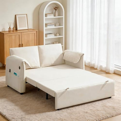 63" 3-in-1 Velvet Convertible Sleeper Sofa Bed, Modern Adjustable Backrest Loveseat Pull Out Couch with USB & Side Pocket, Small Space Love Seat Sofa Bed for Living Room, Bedroom, Beige Velvet - color: Beige