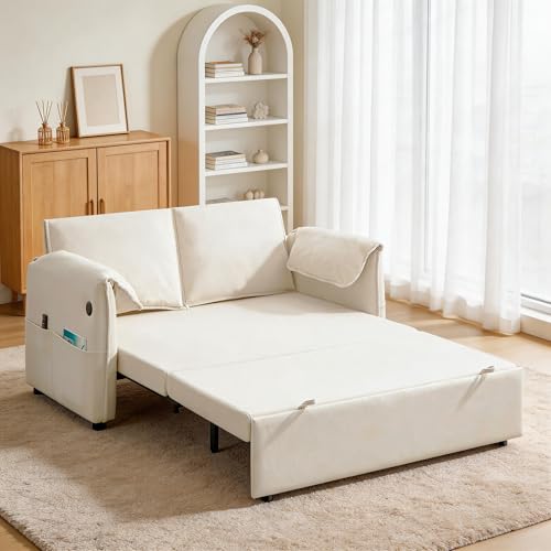 63" 3-in-1 Velvet Convertible Sleeper Sofa Bed, Modern Adjustable Backrest Loveseat Pull Out Couch with USB & Side Pocket, Small Space Love Seat Sofa Bed for Living Room, Bedroom, Beige Velvet - color: Beige