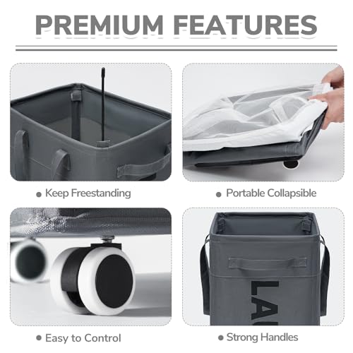 CHICVITA 75L Large Rolling Laundry Basket with Wheels & Wash Bag, Grey | Collapsible design saves space for corner dorms. Removable wash bag for easy laundry transport - color: Grey, size: 75L (15.7"L x 11.8"W x 24.8"H)