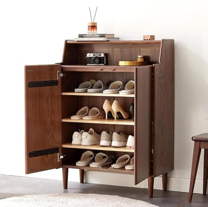 Solid Wood Shoe Cabinet with Doors, 4-Tier Adjustable Shelves Shoe Storage Organizer, Mid Century Modern Entryway Cabinet for Hallway Living Room, 14 Pairs Oak Wood Rack, 13.8" x 31.5" x 43.3", Walnut