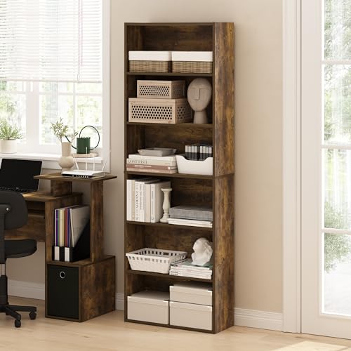 Furinno Jaya Book Shelf Set of 2, 6-Tier Bookshelf, Bookcase, 9.5 x 24.6 x 71, for Home Office, Living Room, Amber Pine - color: Amber Pine, size: Set of 2, 6-Tier