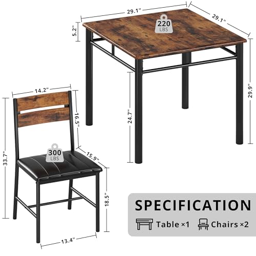 IRONCK Dining Table Set for 2, Rustic Brown | Small Kitchen Table with Upholstered Chairs, Compact Dining Set for Small Spaces, Kitchen & Dining Room - color: Rustic Brown