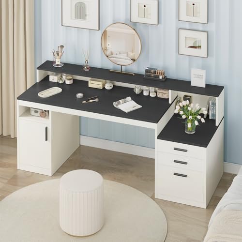 65" Computer Desk with 3 Drawers & Printer Shelf for Home Office | Office Desk with Printer Shelf & File Drawer, Executive Desk Writing Study Table with Monitor Stand, Black & White - color: Black & White