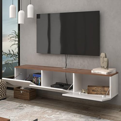 Floating TV Stand Glossy White for 65-80 Inch TV, 63" Wall Mounted TV Stand with Storage, White and Wood Floating Entertainment Center with Cable Management, Floating Media Console for Living Room - color: Wood Like