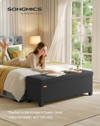 SONGMICS Storage Ottoman Bench with Legs, Folding Ottoman Foot Rest with Flipping Lid, Bench with Storage, for Living Room, Bedroom, Entryway, Linen-Look Fabric, 43.3 Inches, Ink Black ULSF079BH01 - color: Ink Black, style: with Flipping Lid