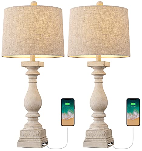 BOBOMOMO 27" Table Lamp with USB C+A Charging Ports Set of 2 Antique Nightstand Lamp for Bedroom Living Room Farmhouse Office Retro Rustic Resin Bedside Desk Lamps Washed White (Blubs not Included) - color: Beige