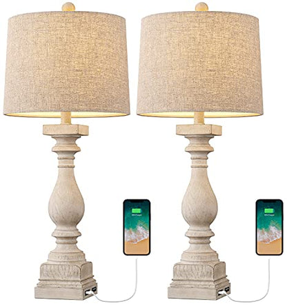 BOBOMOMO 27" Table Lamp with USB C+A Charging Ports Set of 2 Antique Nightstand Lamp for Bedroom Living Room Farmhouse Office Retro Rustic Resin Bedside Desk Lamps Washed White (Blubs not Included) - color: Beige