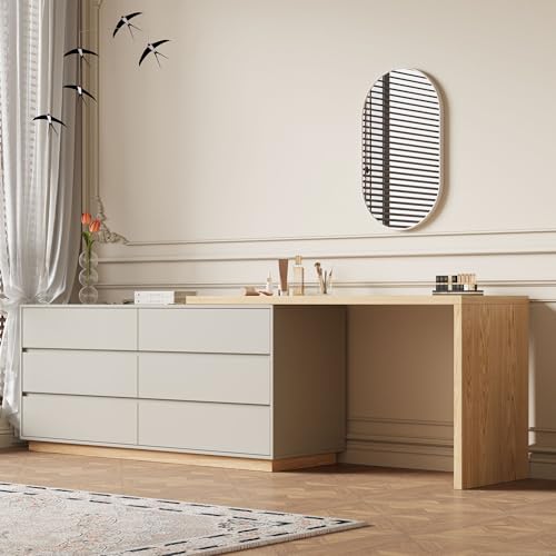 Modern Expandable L-Shaped Vanity Desk with 6 Drawers, Adjustable Computer Table for Home Office, Study, Writing, Gaming, and Bedroom Makeup, Beige, 56-98.5 ″