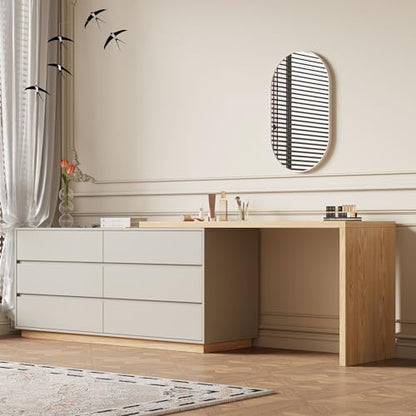 Modern Expandable L-Shaped Vanity Desk with 6 Drawers, Adjustable Computer Table for Home Office, Study, Writing, Gaming, and Bedroom Makeup, Beige, 56-98.5 ″