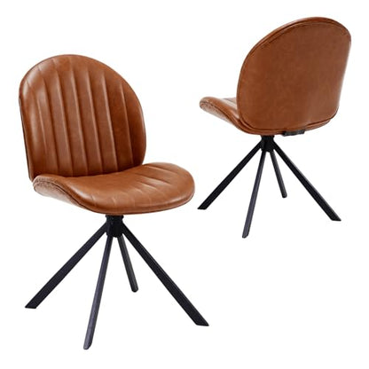 PU Leather Swivel Office Chair No Wheels, Small Comfy Mid Century Armless Desk Chair, Cute Swivel Vanity Chairs No Wheels for Small Spaces, Bedroom,Living Room,Home Office, Brown - color: Brown-pu