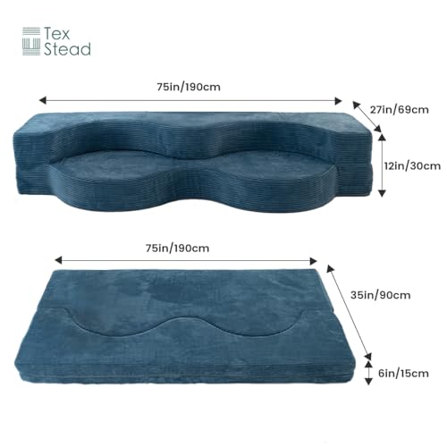 75" Folding Sofa Bed Convertible Futon, Twin Size Sleeper Couch, Washable Velvet Corduroy Cover & High-Density Foam, 2-in-1 Floor Mattress, No Assembly for Living Room/Dorm Blue - color: Blue