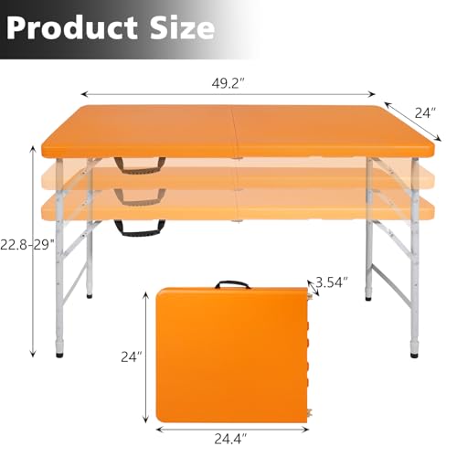 Portable 4Ft Folding Table, Heavy Duty Plastic Fold-in-Half Utility Foldable Table Small, Adjustable Height Plastic Folding Table with Carrying Handle for Camping &Party Indoor/Outdoor(Orange) - color: Orange, size: 4Ft