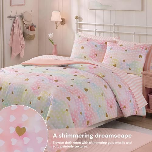 Queen Comforter Set with Sheets for Girls-7 Pieces Queen Bedding Sets | Soft Bed in a Bag, Lightweight Comforter with Pillowcases & Shams, Gold Foil Hearts , 90" X 90" - color: Colorful Gold Heart, size: Queen
