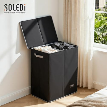 SOLEDI Double Laundry Hamper with Lid and Removable Laundry Bags,Divided Laundry Bin - Large Clothes Hamper 2 Section - Collapsible Laundry Baskets for Bedroom, Bathroom, Laundry Room,Black - color: Black, size: 145l