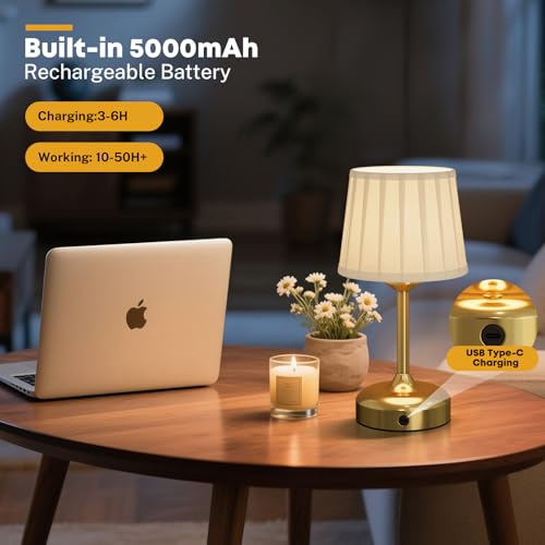 Mini Cordless Table Lamp, Battery Operated Lamp 5000mAh Rechargeable Table Lamp Small Touch Lamp Fabric Shade Dimmable Bedside Lamps for Bedroom, Living Room, Dining Room - color: Gold-1 Pc