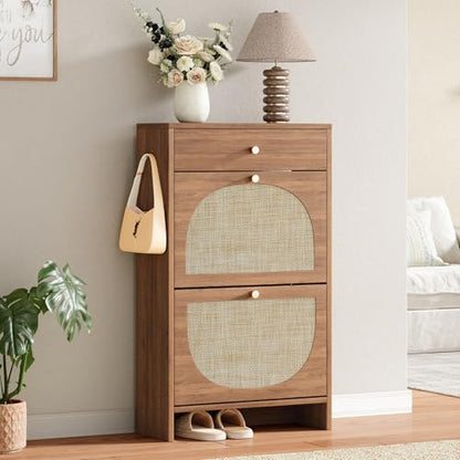Shoe Storage Cabinet for Entryway, Slim Shoe Rack with 2 Flip Drawers and Top Storage Drawer, Narrow Shoe Organizer with Arched Rattan Accent, Entryway Shoe Storage for Size 13.5 Shoes, Caramel