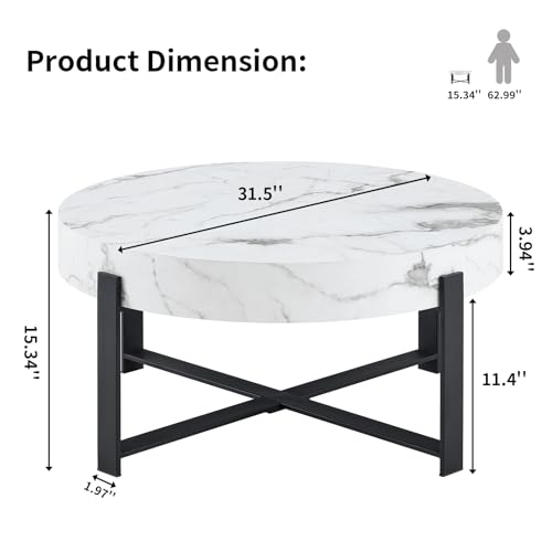 Round Coffee Table, Modern Faux Marble Coffee Table with Metal Frame, Small Wood Circle Table, Round Accent Center Tables for Living Room Apartment Small Space(31.5''D-White Marble) - color: X-white Marble