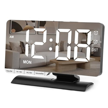 Digital Clock,Alarm Clock Bedside,7.3'' Large LED Mirror with Date Display,Dual Alarm with 3 Mode,Brightnee Adjust,DST,Snooze Function,USB C Charging Port,5 Levels Volume for Desk Bedroom Teens - color: Black