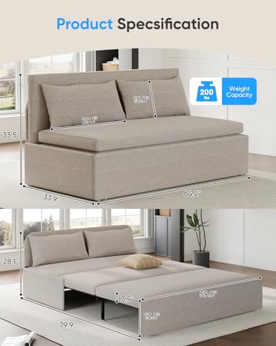 64.2" Queen Size Pull Out Sofa Bed，3-in-1 Linen Convertible Sleeper Sofa Bed,Loveseat Pullout Bed with Pillows and Tri-fold Mattress for Small Space/Bedroom,Beige - color: Beige, size: Queen