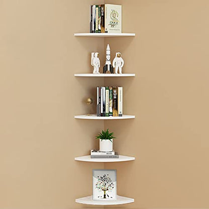 Set of 5 Pieces Corner Mounting Shelf with White, Wood Floating Wall Mounted Storage Shelf for Living Room, Bathroom, Bedroom, Kitchen, Office