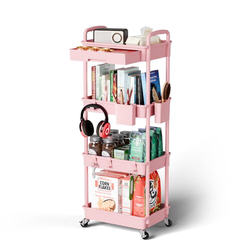 Sorgion 4 Tier Rolling Cart Organizer,Art Craft Diaper Bedside Snack Laundry Room Bathroom Organizer Narrow Thin Slim Rolling Trolley Utility Cart with Wheels for Kitchen,Office(Pink) - size: 4Tier-Pink