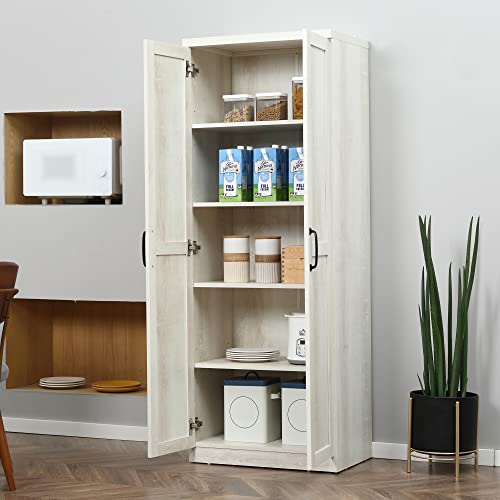 HOMCOM 63" 2-Door Kitchen Pantry 5-Tier Antique White | Freestanding Storage Cabinet, Shelving, 2 Adjustable Shelves, for Dining Room - color: White