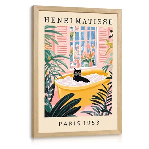 IAFWZX Wood Framed Boho Matisse Black Cat Bathroom Wall Art 16x24 in | Vintage Henri Matisse Black Cat in Bathtub Wall Decor, Boho Tropical Cute Animal Art Print for Living Room Bedroom - color: BathroomBlackCat(Wood), size: 24"L x 16"W
